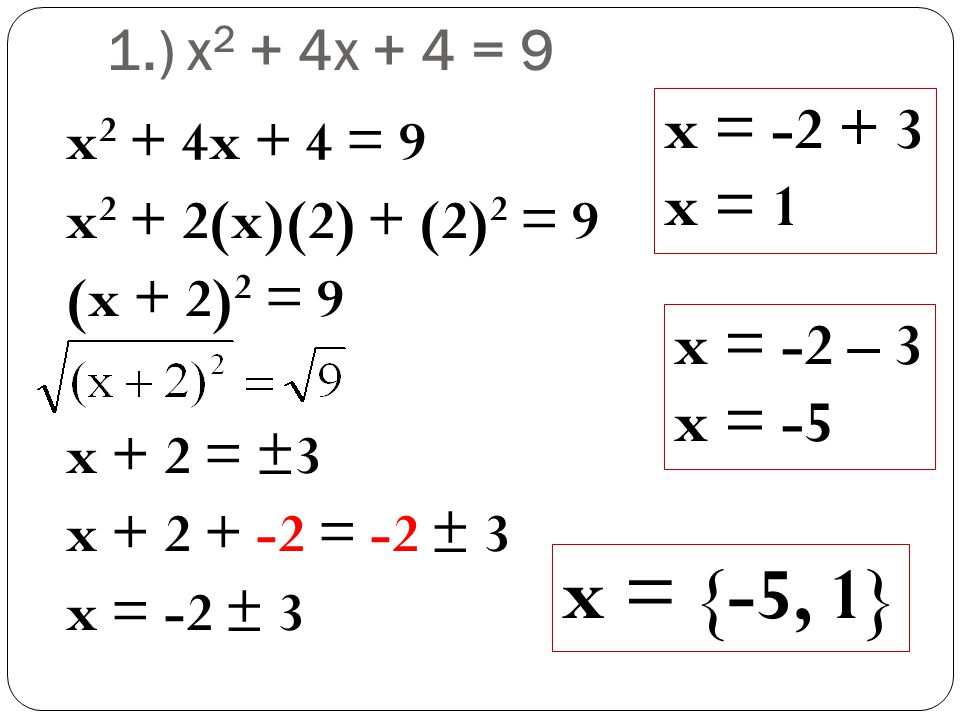 x = {-5, 1} x = x = 1 x = -2 – 3 x = -5 1.) x2 + 4x + 4 = 9