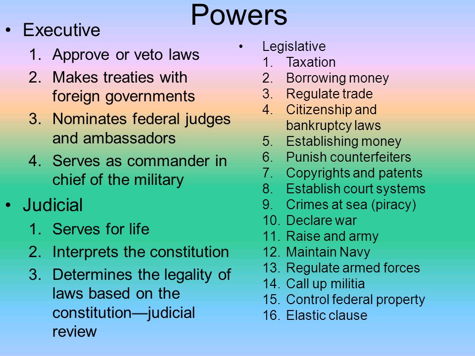 Powers Executive Judicial Approve or veto laws