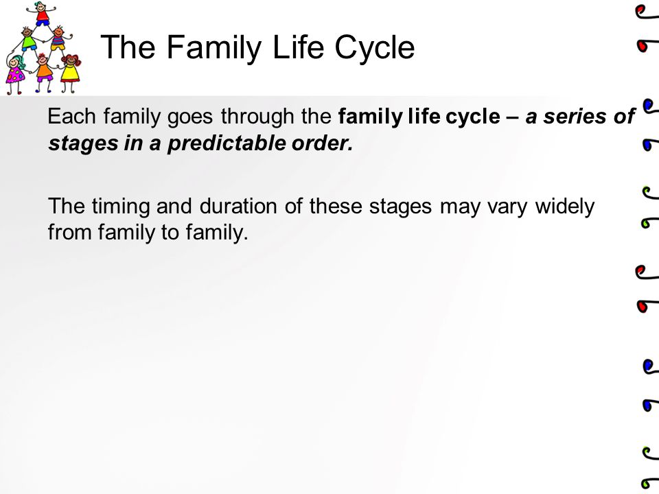 The Family Life Cycle Each family goes through the family life cycle – a series of stages in a predictable order.