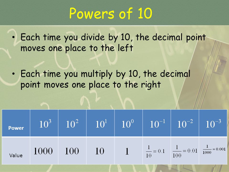 Powers of 10 Each time you divide by 10, the decimal point moves one place to the left.