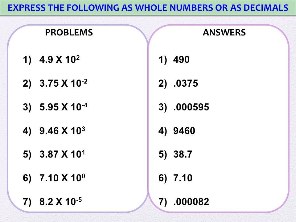 EXPRESS THE FOLLOWING AS WHOLE NUMBERS OR AS DECIMALS