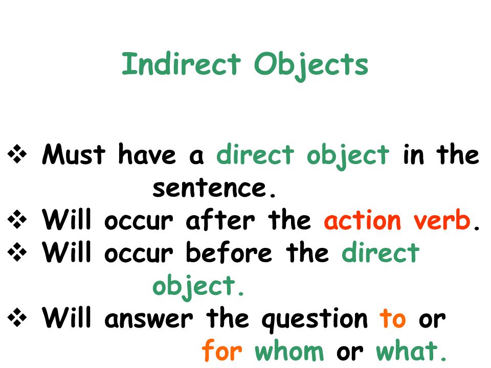 Indirect Objects Must have a direct object in the sentence.