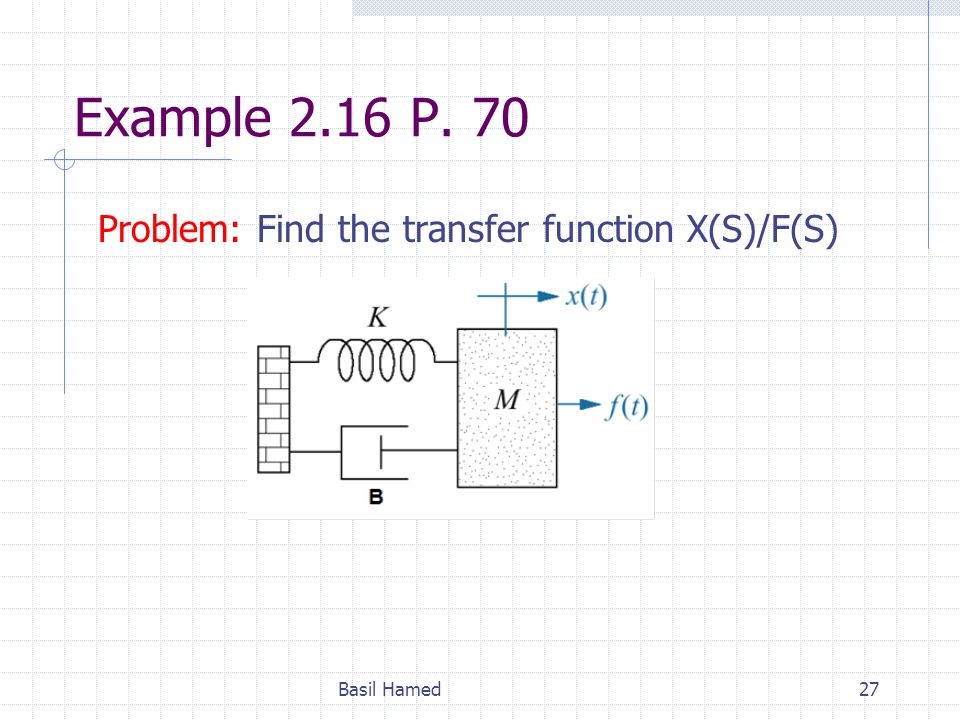 Example 2.16 P. 70 Problem: Find the transfer function X(S)/F(S)