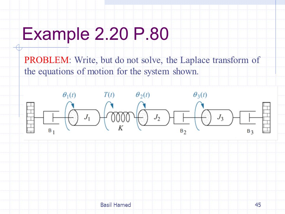 Example 2.20 P.80 PROBLEM: Write, but do not solve, the Laplace transform of the equations of motion for the system shown.