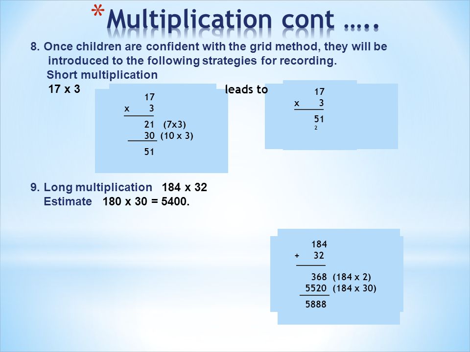 Multiplication cont ….. 8. Once children are confident with the grid method, they will be introduced to the following strategies for recording.