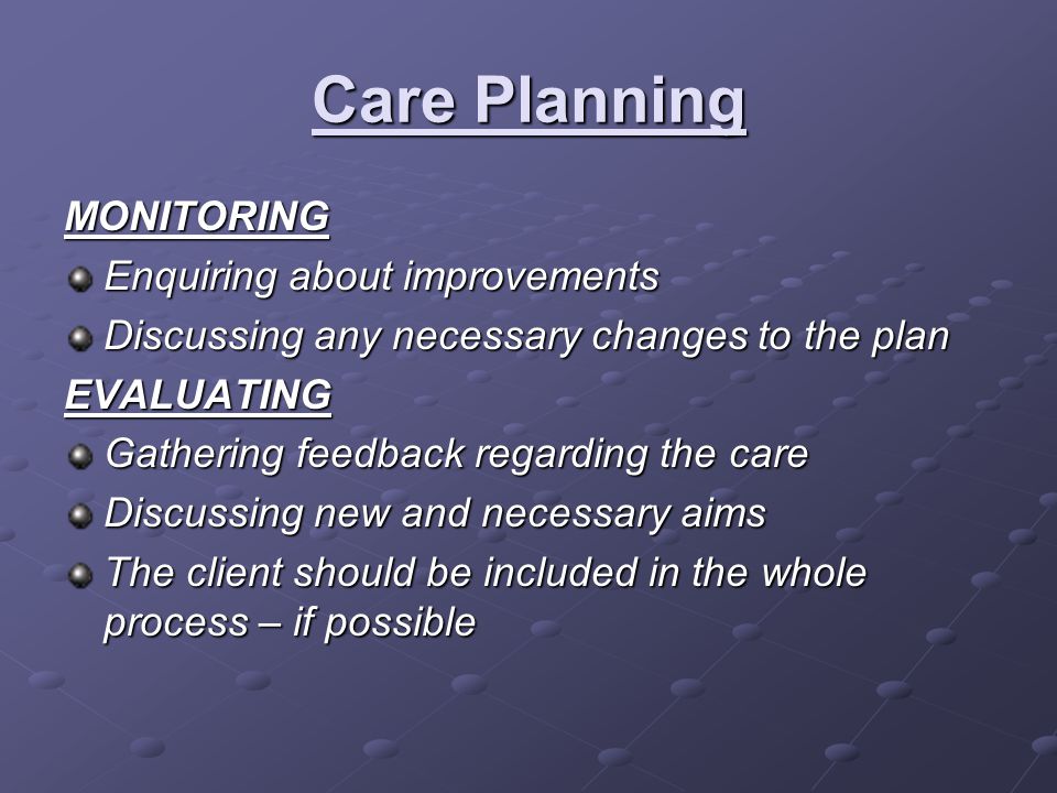 Care Planning MONITORING Enquiring about improvements