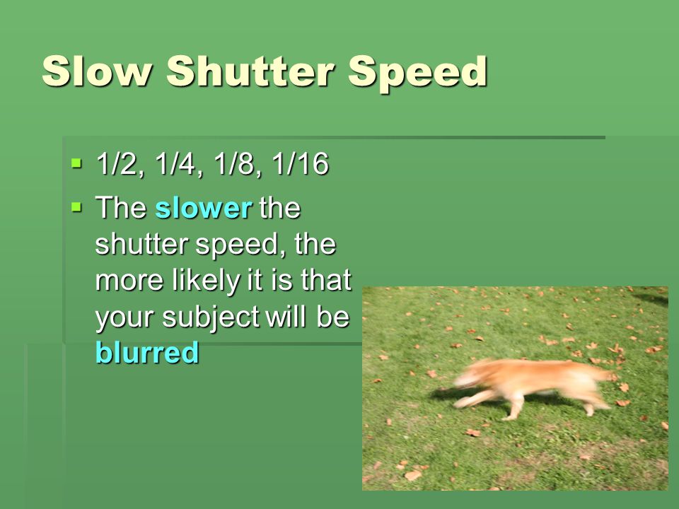 Slow Shutter Speed 1/2, 1/4, 1/8, 1/16