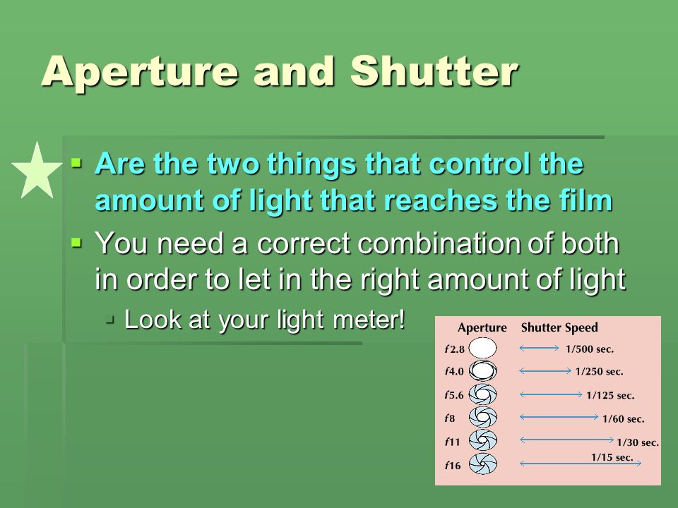 Aperture and Shutter Are the two things that control the amount of light that reaches the film.