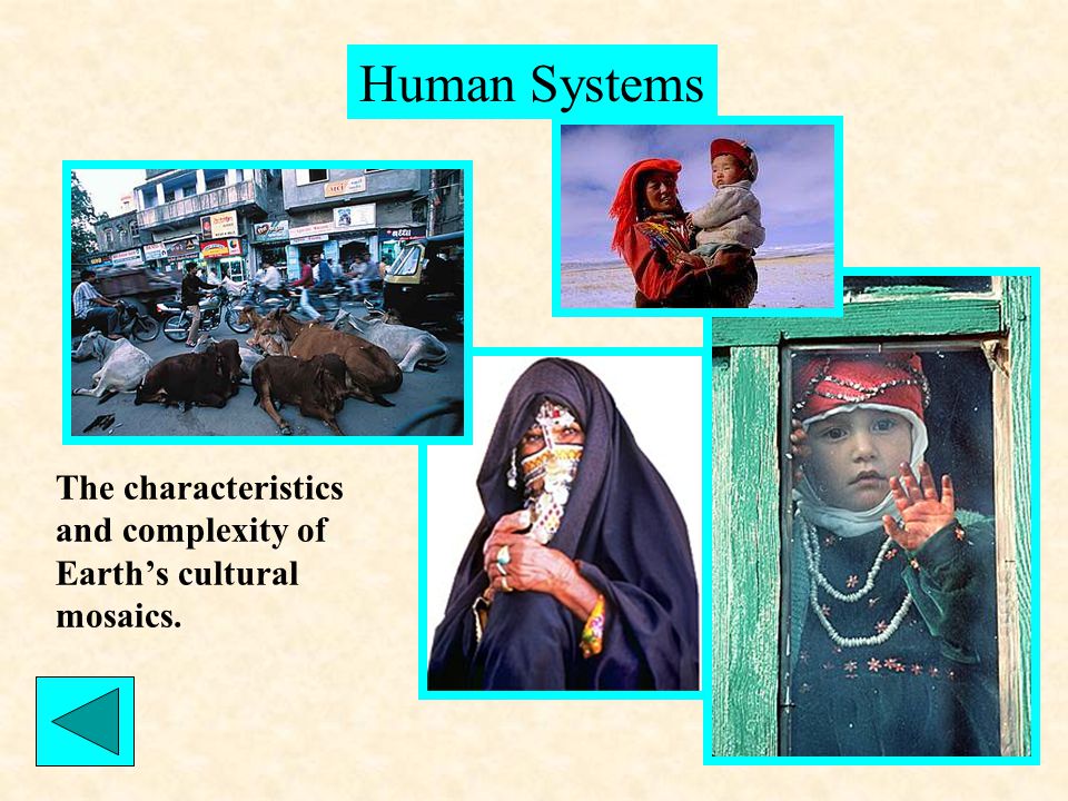 Human Systems The characteristics and complexity of Earth’s cultural mosaics.