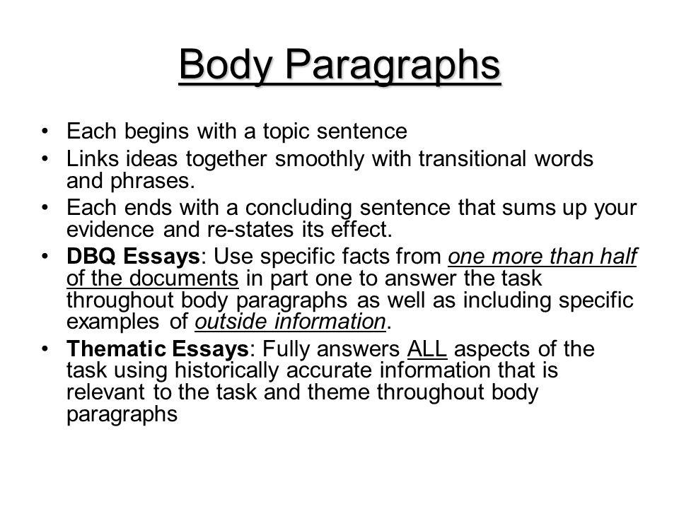 Body Paragraphs Each begins with a topic sentence