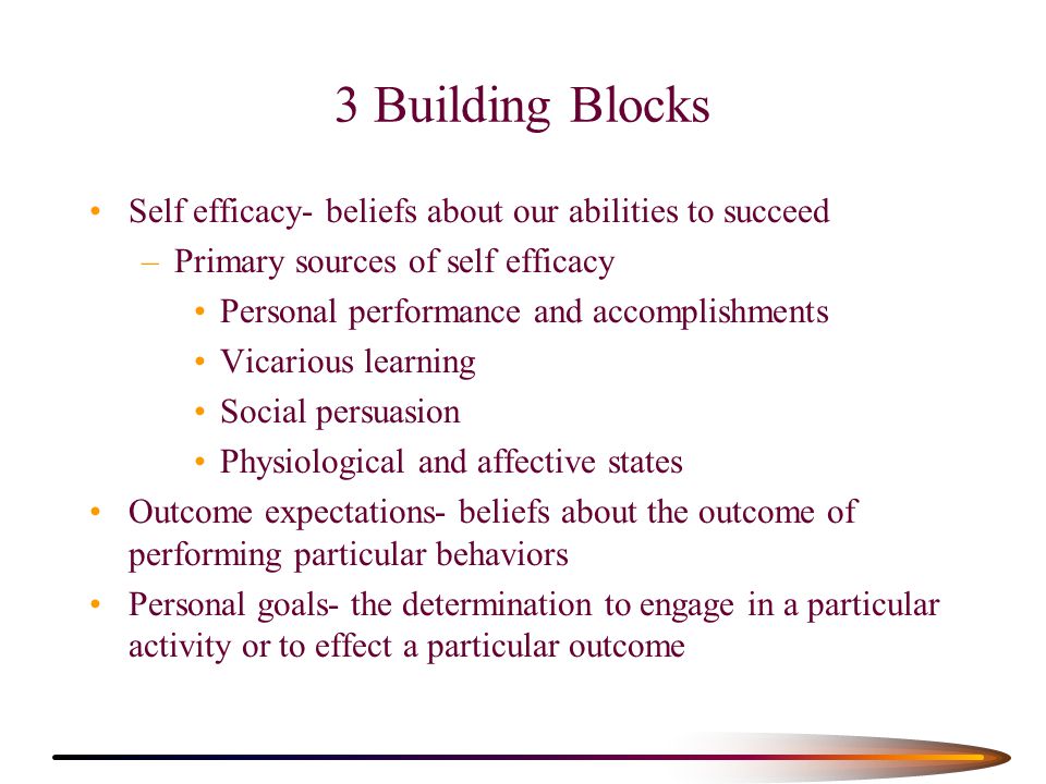 3 Building Blocks Self efficacy- beliefs about our abilities to succeed. Primary sources of self efficacy.