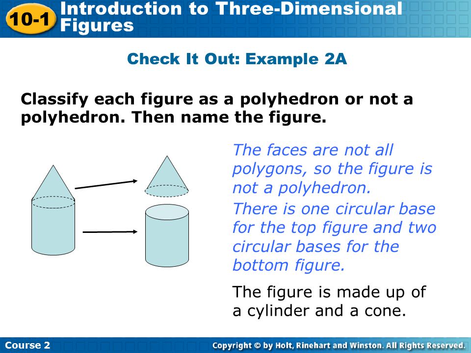 Check It Out: Example 2A Classify each figure as a polyhedron or not a polyhedron. Then name the figure.
