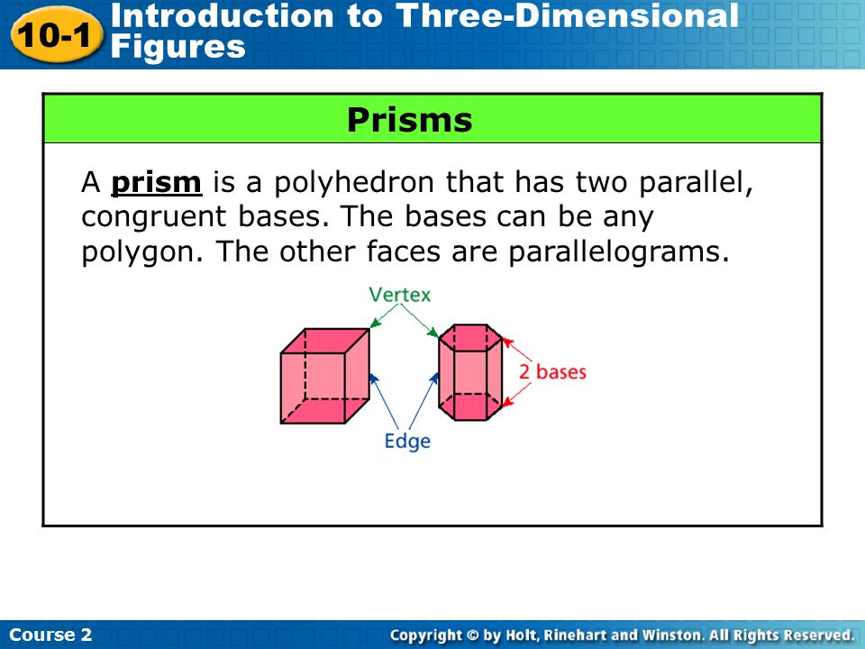 Prisms A prism is a polyhedron that has two parallel, congruent bases.