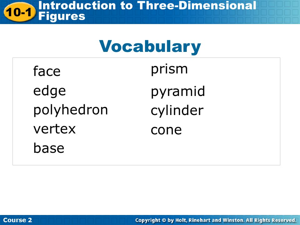 Vocabulary prism face pyramid edge cylinder polyhedron vertex cone