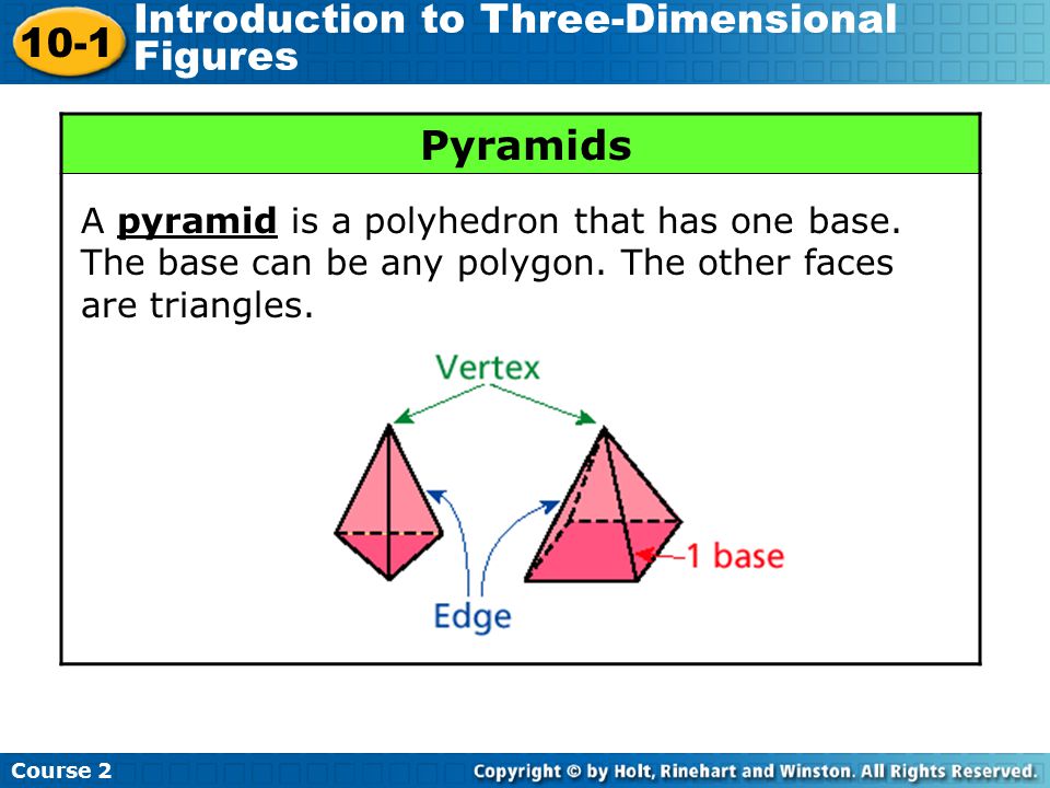 Pyramids A pyramid is a polyhedron that has one base.