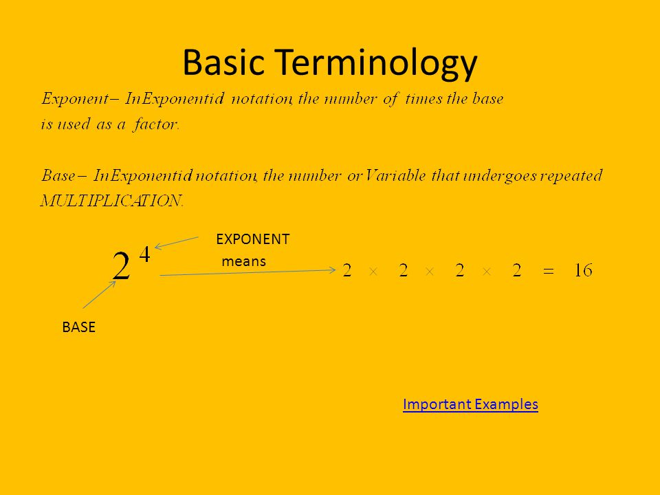 Basic Terminology EXPONENT means BASE Important Examples