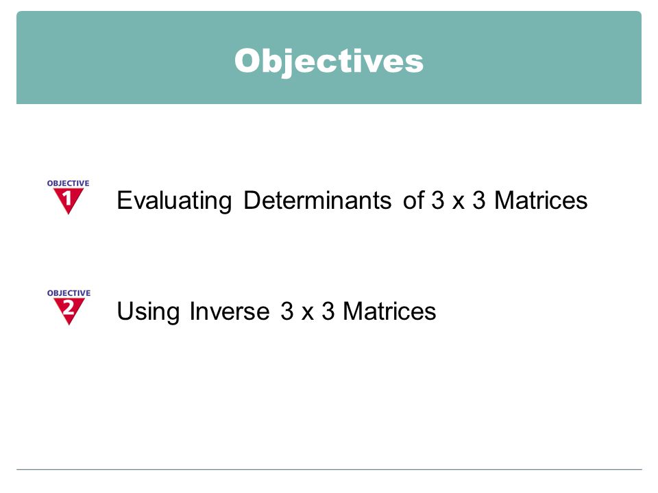 Objectives Evaluating Determinants of 3 x 3 Matrices Using Inverse 3 x 3 Matrices