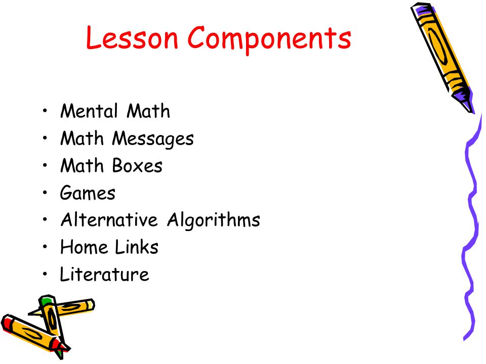 Lesson Components Mental Math Math Messages Math Boxes Games
