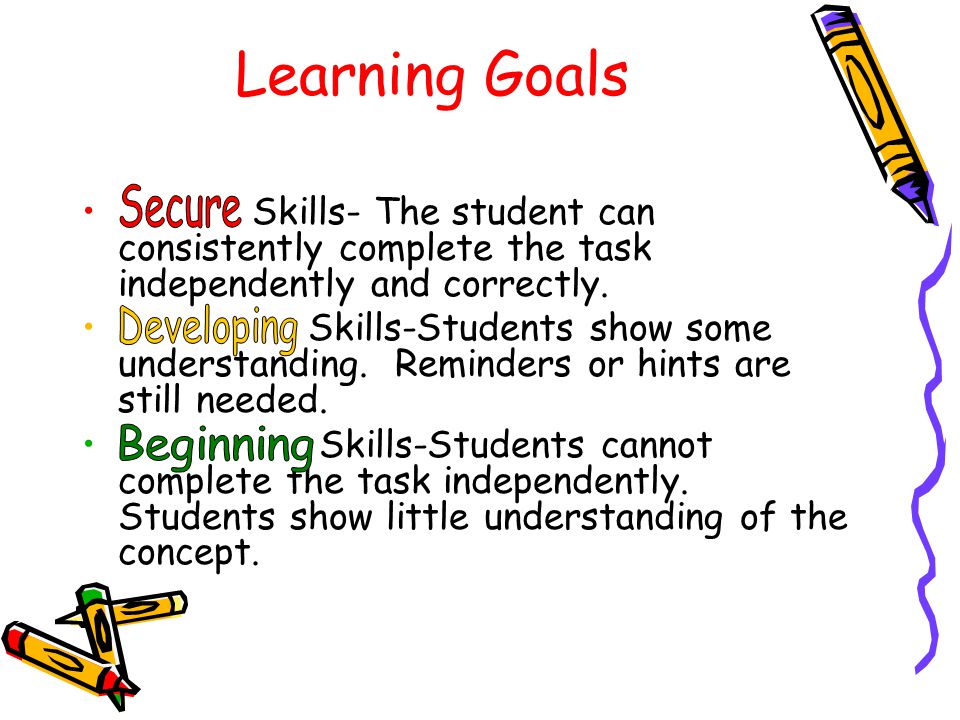 Learning Goals Secure. Skills- The student can consistently complete the task independently and correctly.