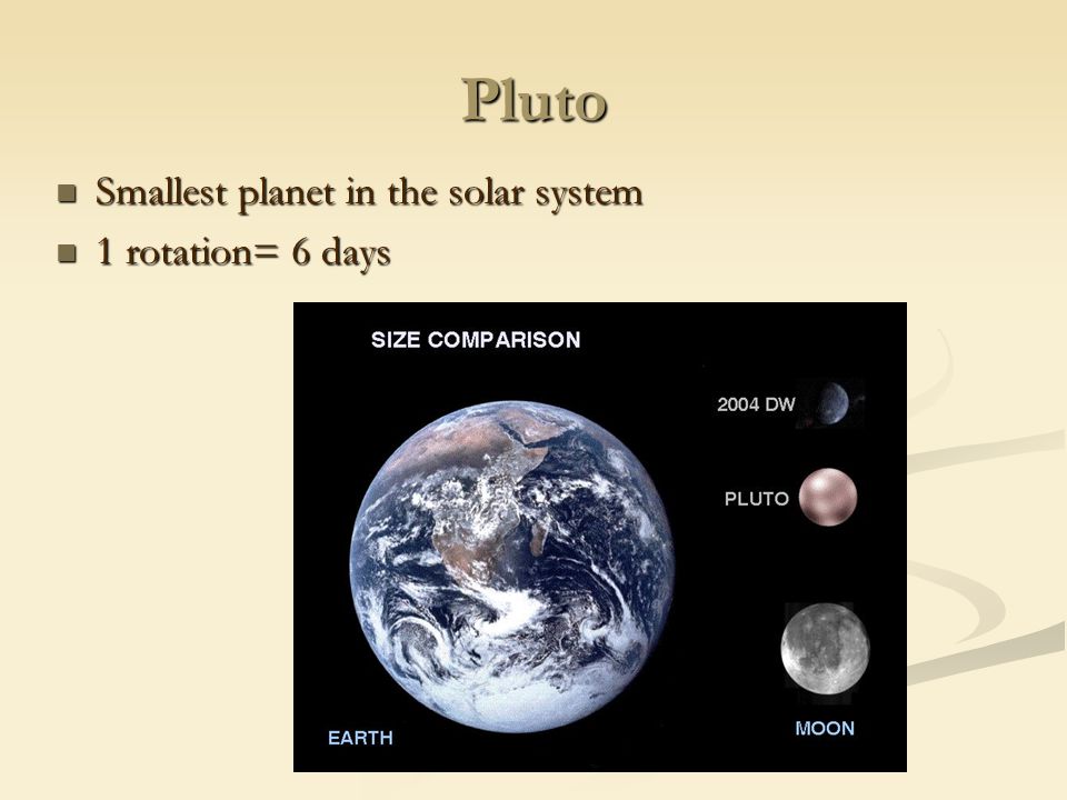 Pluto Smallest planet in the solar system 1 rotation= 6 days