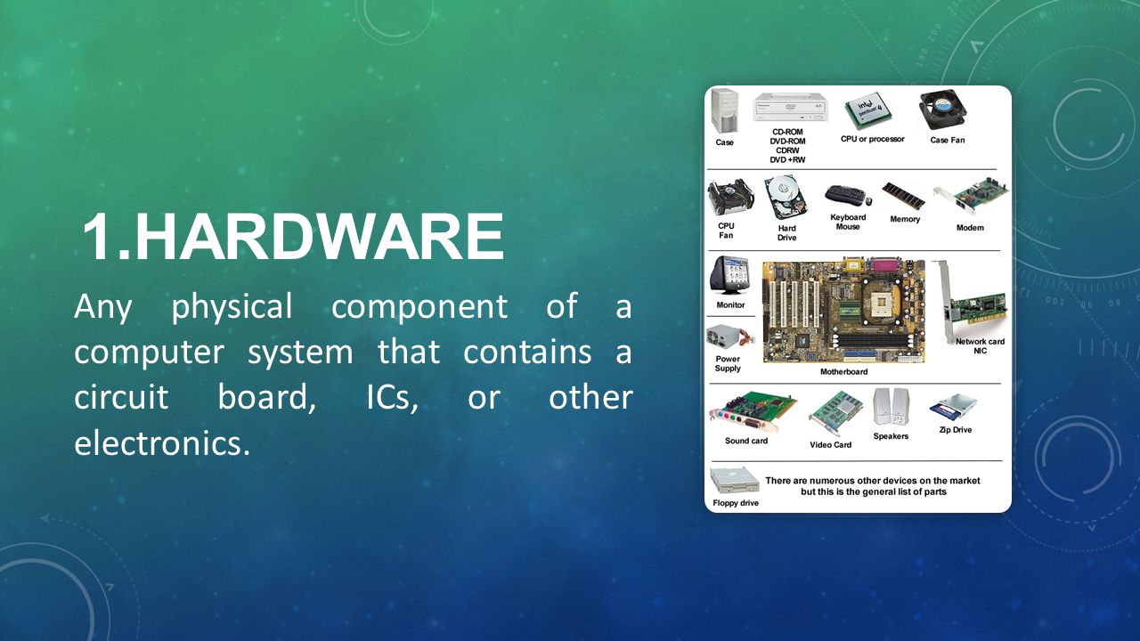 1.hardware Any physical component of a computer system that contains a circuit board, ICs, or other electronics.