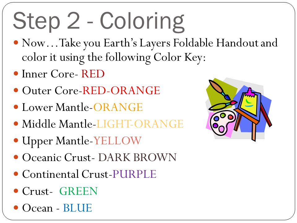 Step 2 - Coloring Now…Take you Earth’s Layers Foldable Handout and color it using the following Color Key: