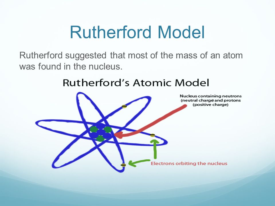 Rutherford Model Rutherford suggested that most of the mass of an atom was found in the nucleus.