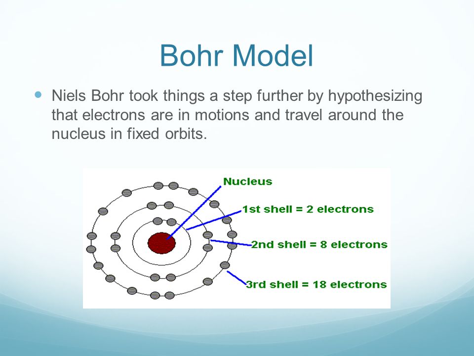 Bohr Model Niels Bohr took things a step further by hypothesizing that electrons are in motions and travel around the nucleus in fixed orbits.