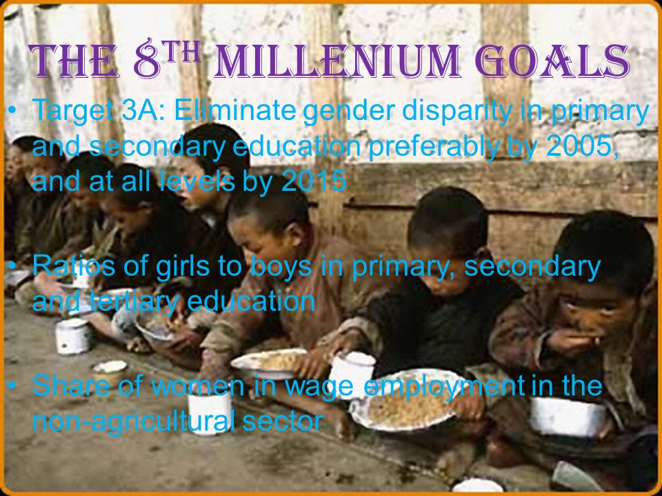 The 8th Millenium Goals Target 3A: Eliminate gender disparity in primary and secondary education preferably by 2005, and at all levels by