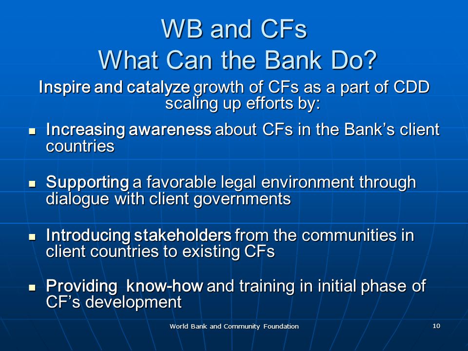 WB and CFs What Can the Bank Do