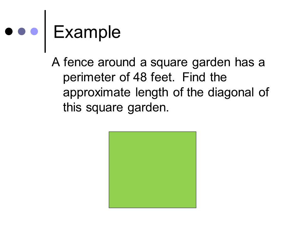Example A fence around a square garden has a perimeter of 48 feet.