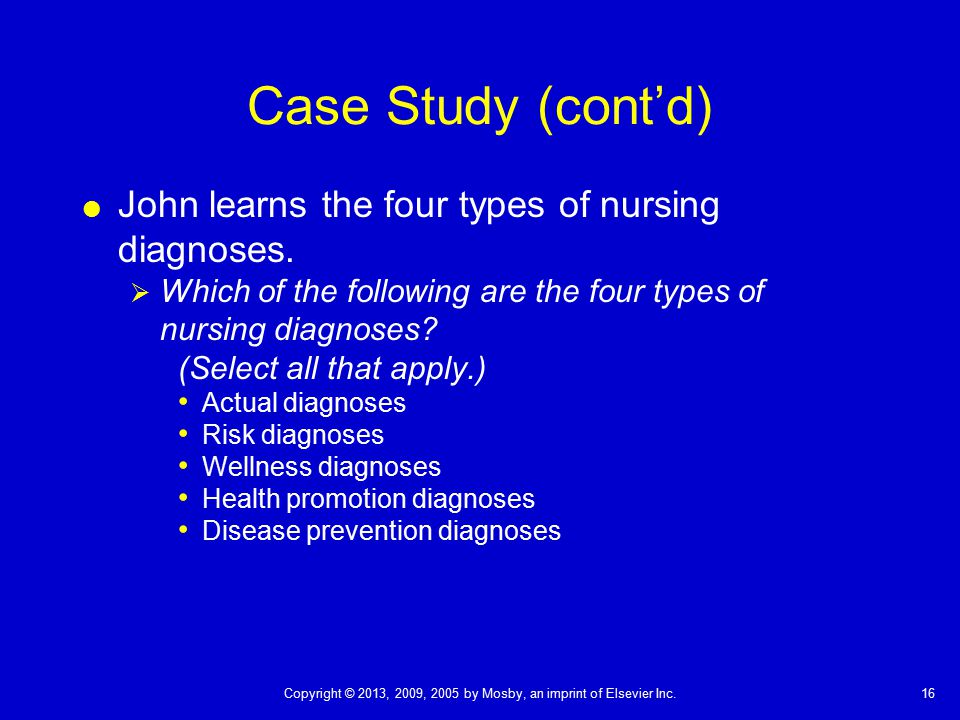 Case Study (cont’d) John learns the four types of nursing diagnoses.