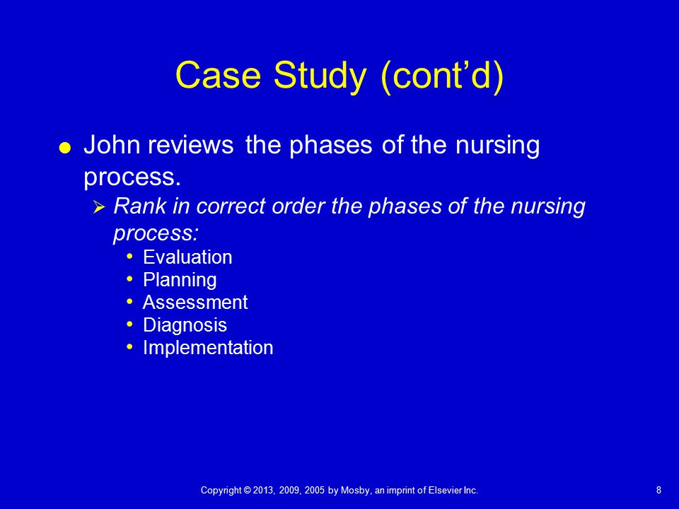 Case Study (cont’d) John reviews the phases of the nursing process.