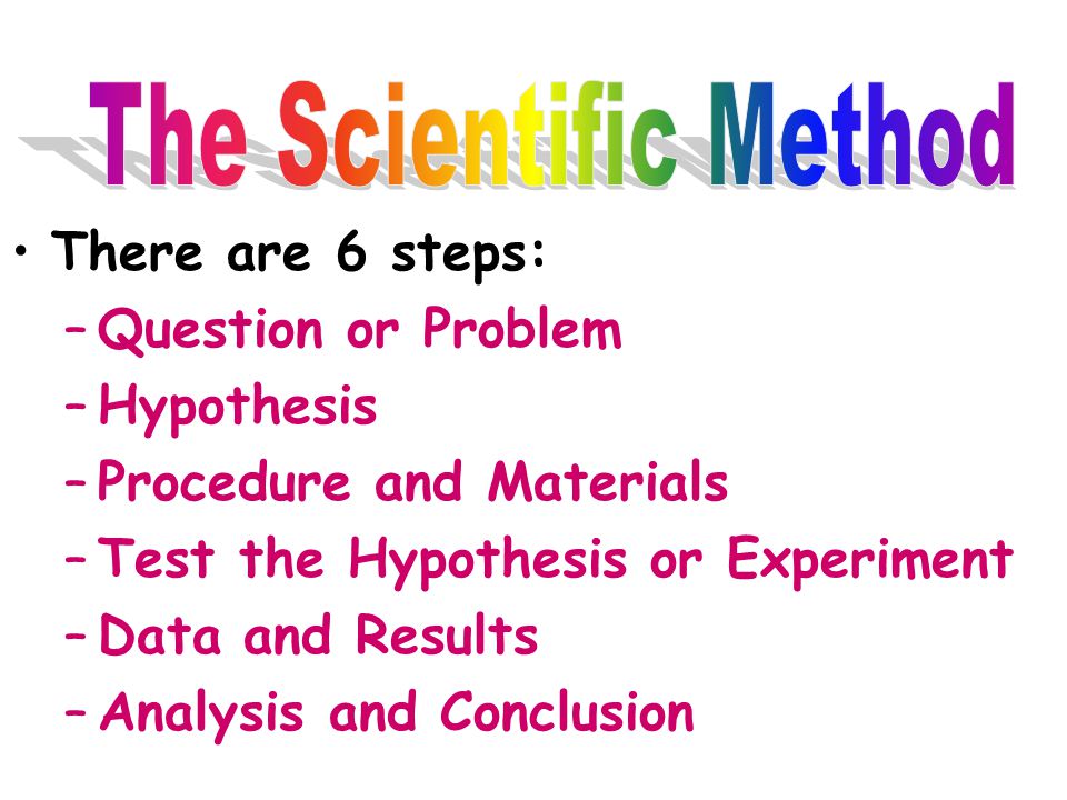 The Scientific Method There are 6 steps: Question or Problem. Hypothesis. Procedure and Materials.