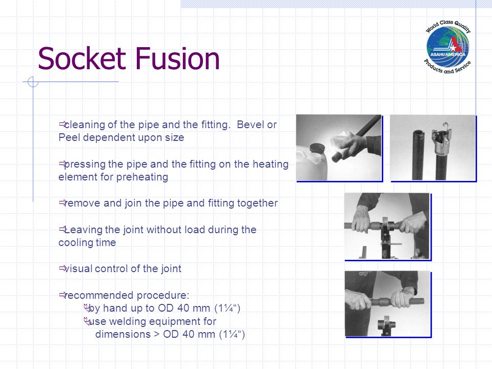 Socket Fusion cleaning of the pipe and the fitting. Bevel or Peel dependent upon size.