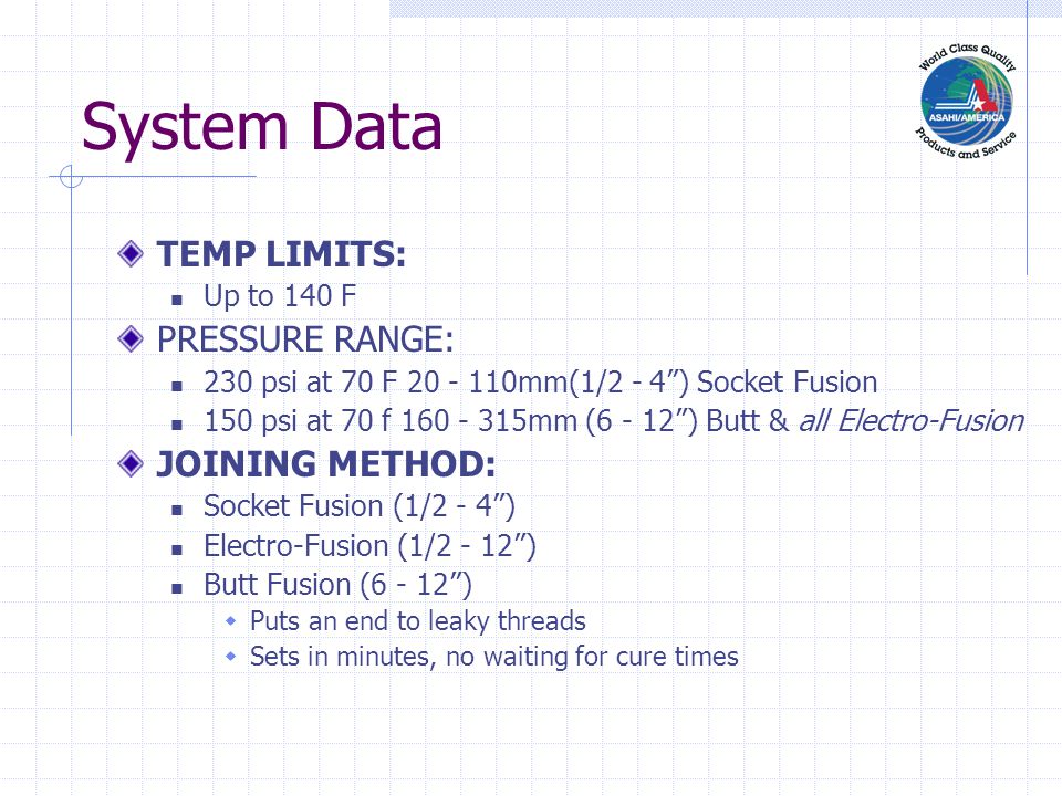 System Data TEMP LIMITS: PRESSURE RANGE: JOINING METHOD: Up to 140 F