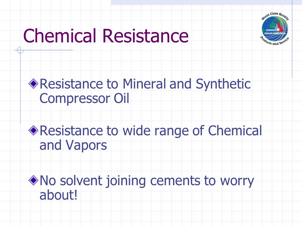 Chemical Resistance Resistance to Mineral and Synthetic Compressor Oil