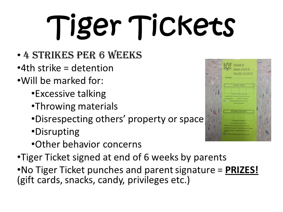Tiger Tickets 4 strikes per 6 weeks 4th strike = detention