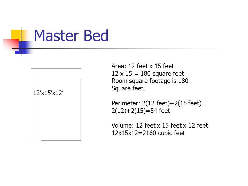 Master Bed Area: 12 feet x 15 feet 12 x 15 = 180 square feet