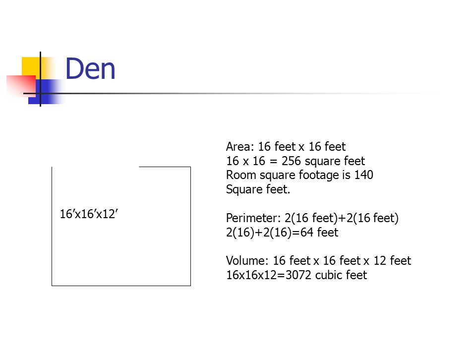 Den Area: 16 feet x 16 feet 16 x 16 = 256 square feet
