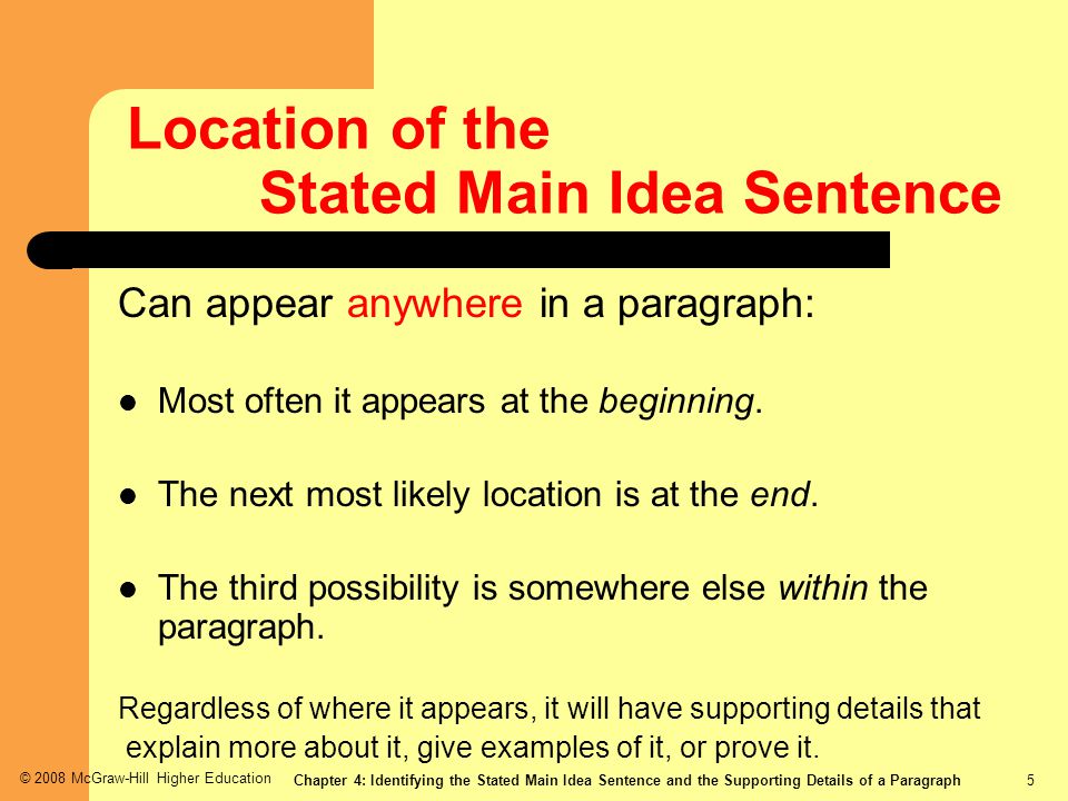 Location of the Stated Main Idea Sentence
