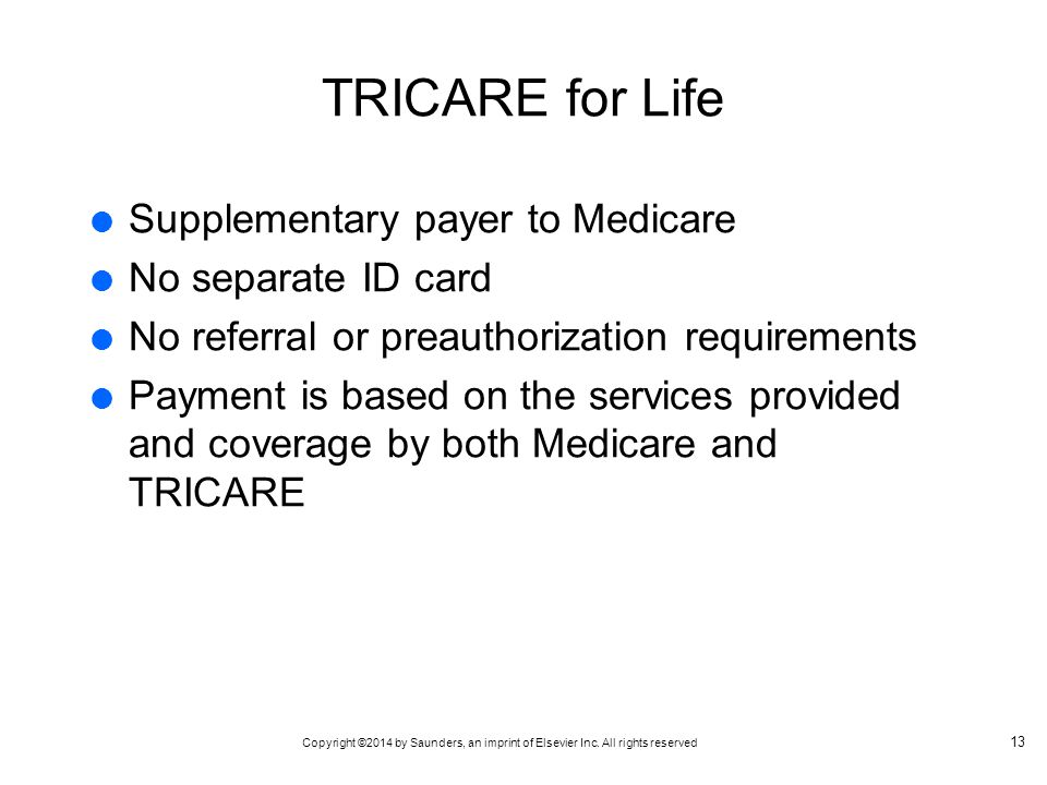 TRICARE for Life Supplementary payer to Medicare No separate ID card