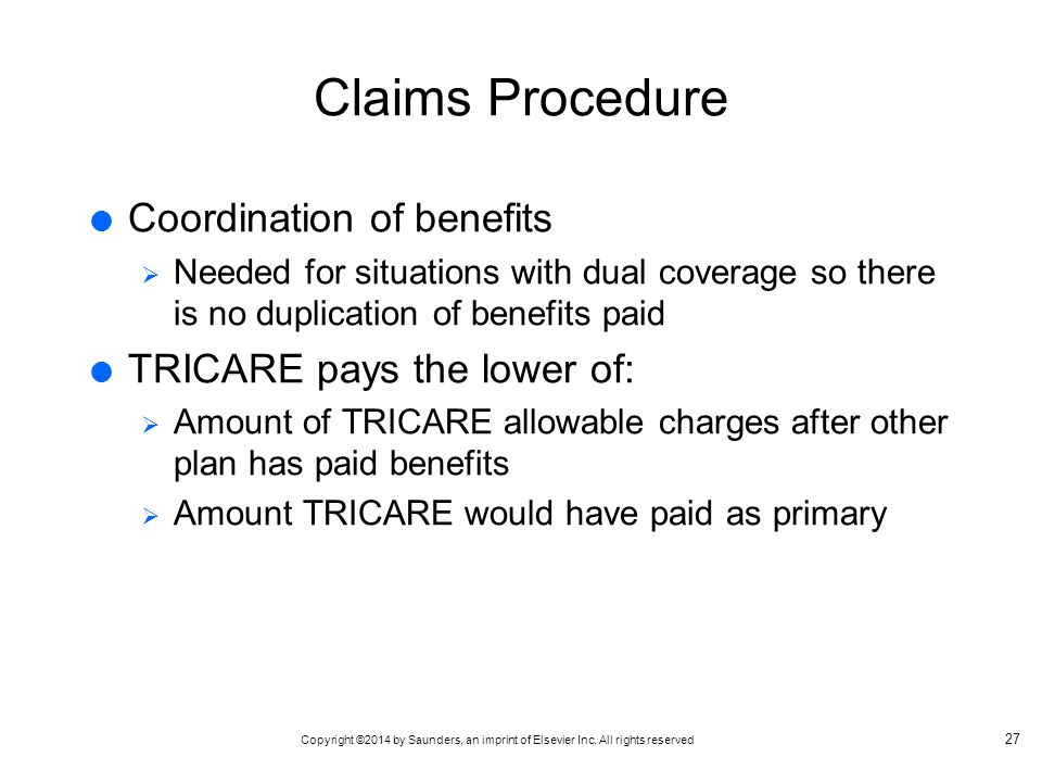 Claims Procedure Coordination of benefits TRICARE pays the lower of: