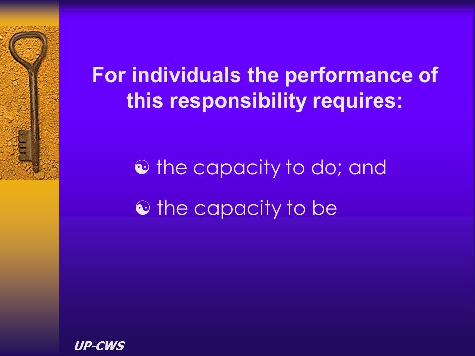 For individuals the performance of this responsibility requires:
