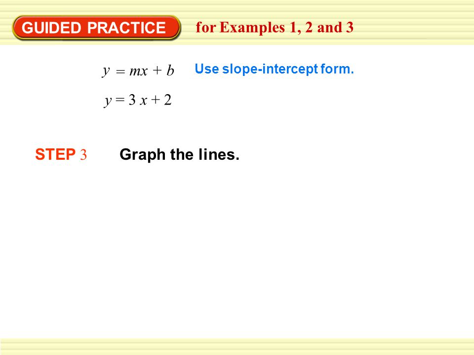 GUIDED PRACTICE for Examples 1, 2 and 3 mx + b y = y = 3 x + 2 STEP 3