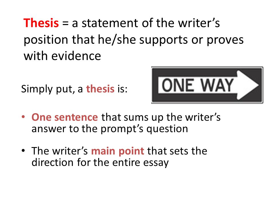 Thesis = a statement of the writer’s position that he/she supports or proves with evidence