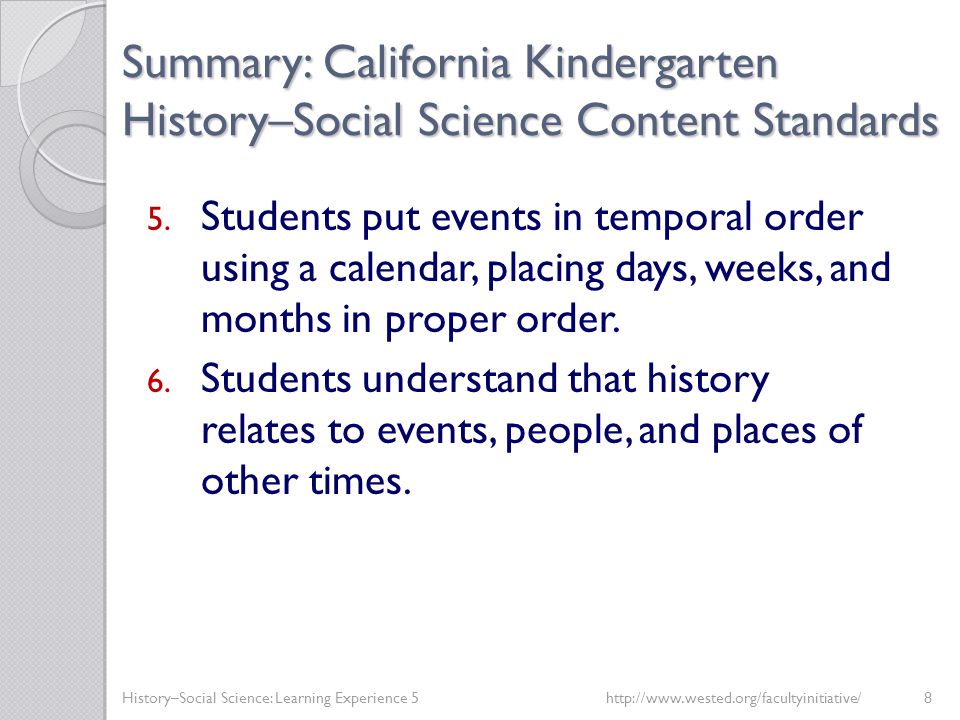 Summary: California Kindergarten History–Social Science Content Standards