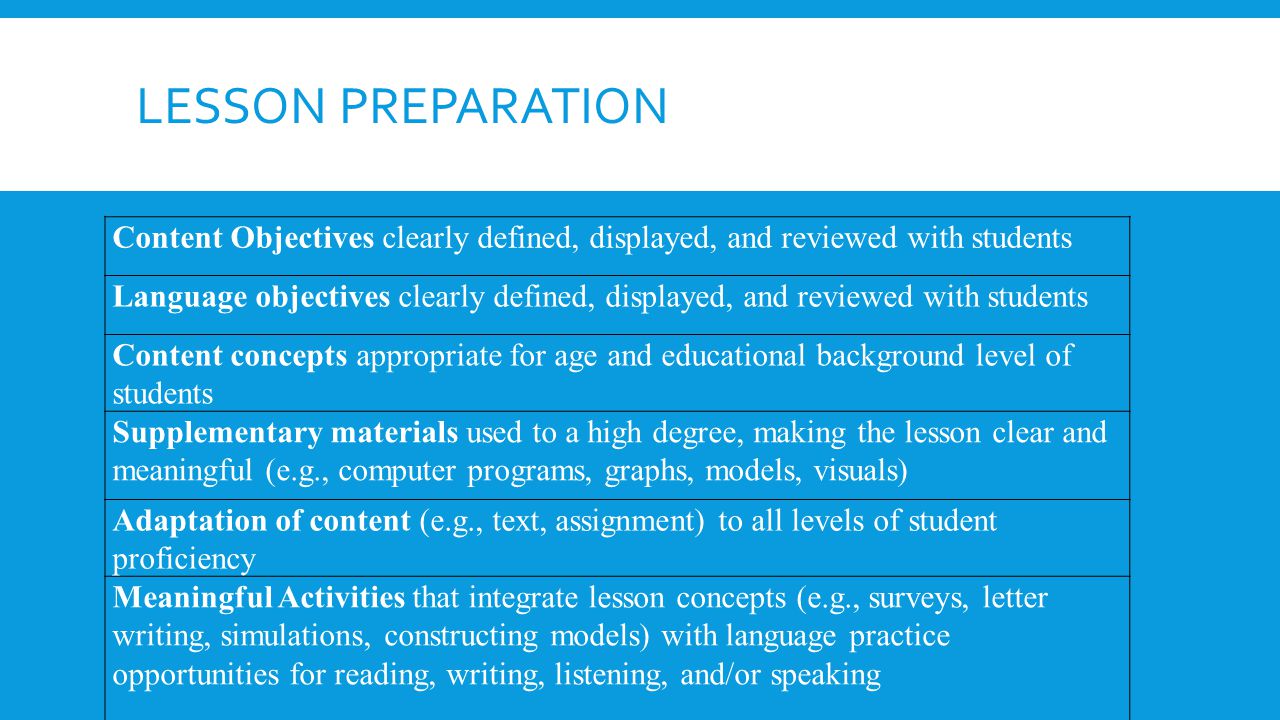 Lesson Preparation Content Objectives clearly defined, displayed, and reviewed with students.