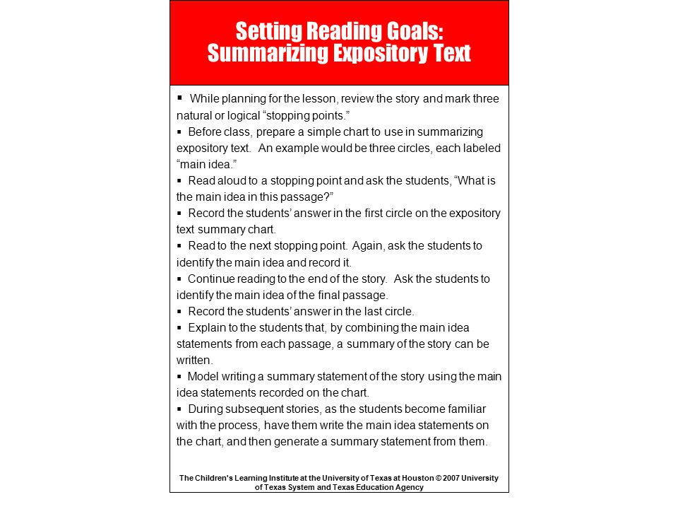 Setting Reading Goals: Summarizing Expository Text