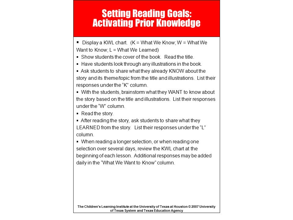 Setting Reading Goals: Activating Prior Knowledge